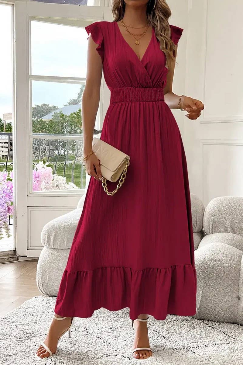 CWDMD5583_SUMMER V-NECK SHORT-SLEEVED LONG DRESS