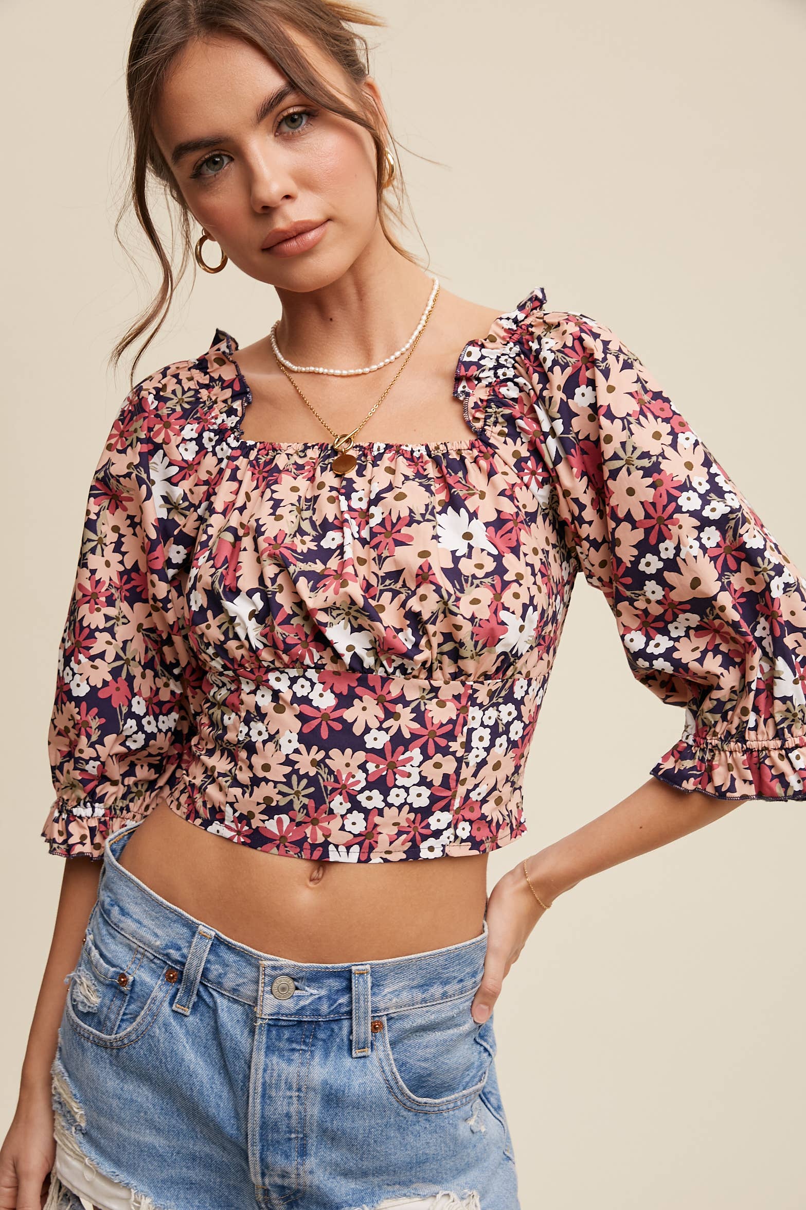 Floral Puff Sleeve Smocked Crop Top
