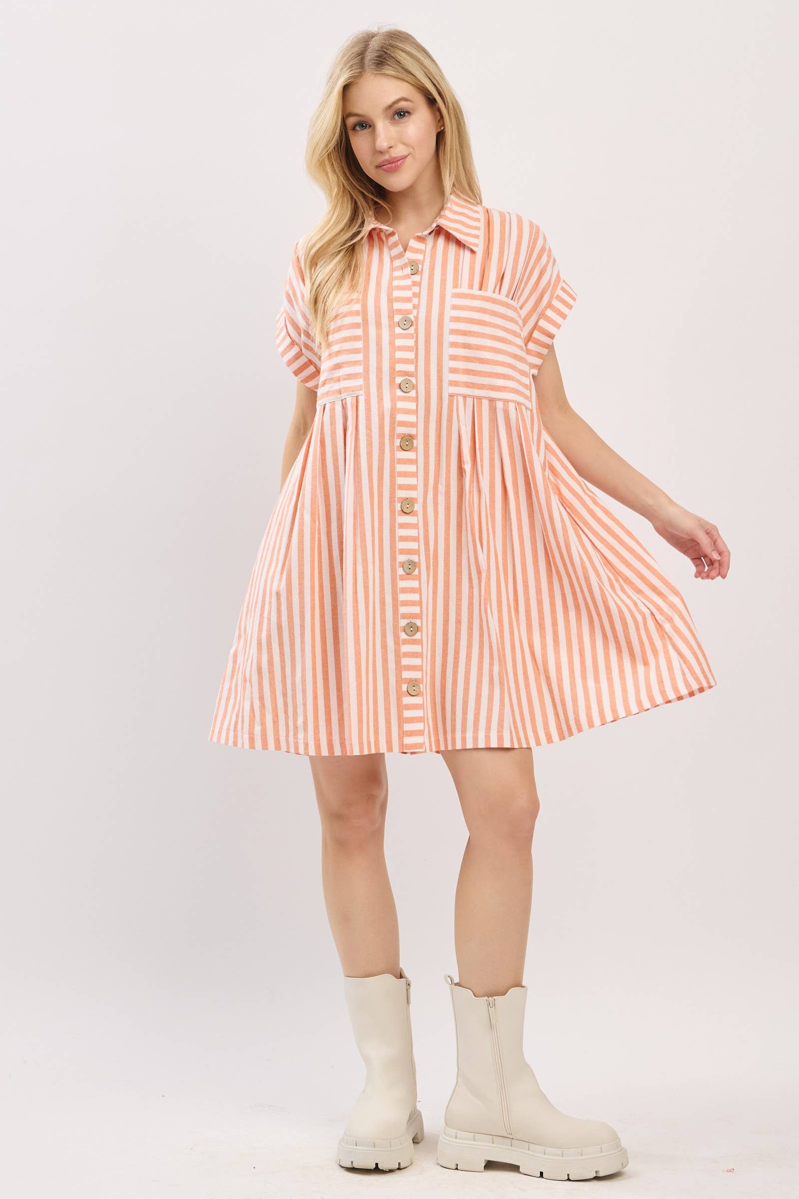 COTTON STRIPED BUTTON DOWN TUNIC DRESS