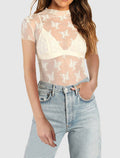 Short Sleeve Floral Mesh Fitted Top