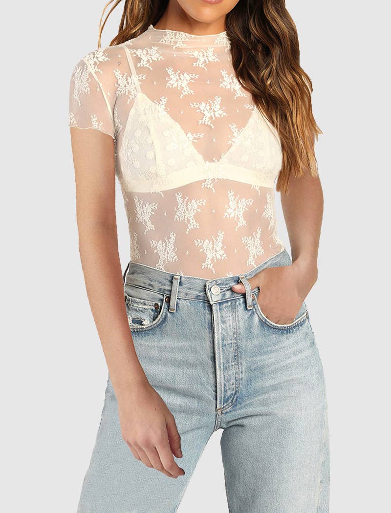 Short Sleeve Floral Mesh Fitted Top