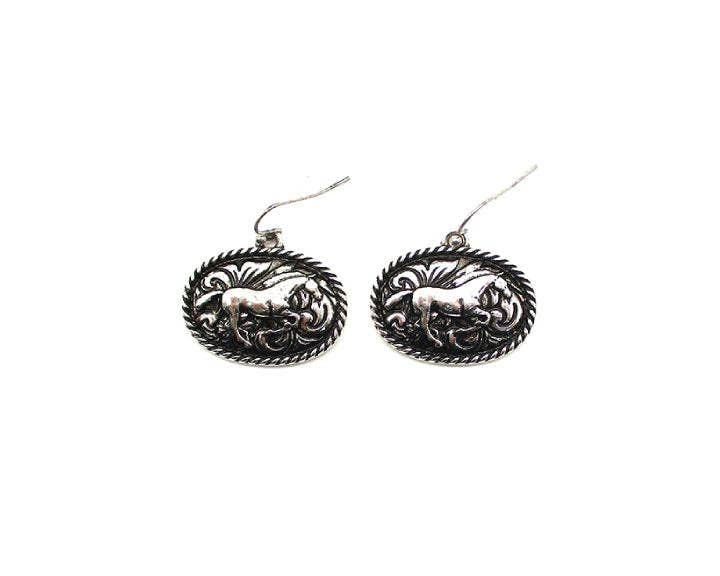 Western Etched Horse Oval Dangle Earring