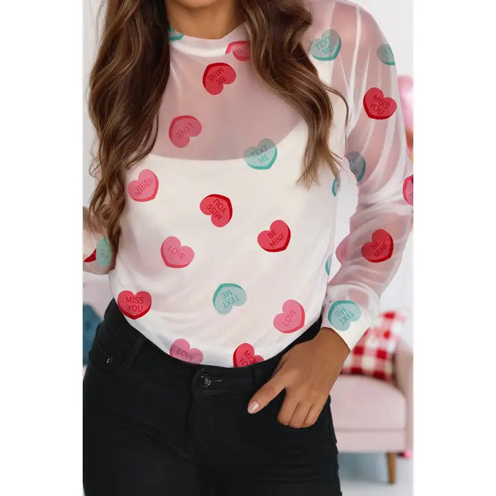 Sheer Mesh Valentines Slogan Heart Printed Long Sleeve Top