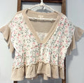 Short Sleeved Waffle Knit Trim Floral Babydoll Shirt