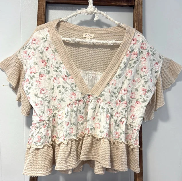 Short Sleeved Waffle Knit Trim Floral Babydoll Shirt