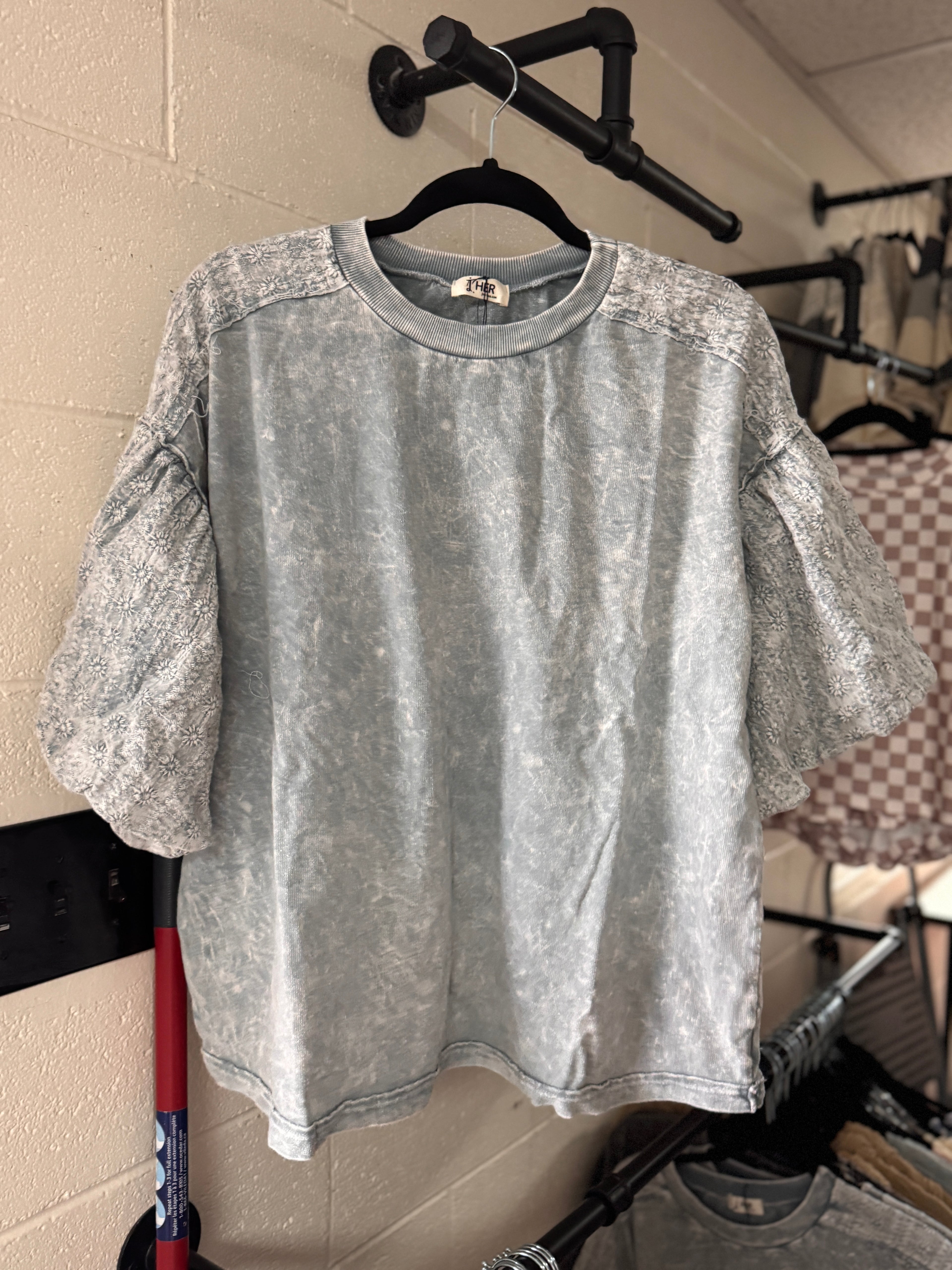 j.Her - Silver Grey Washed Eyelet Puff Sleeve Tee