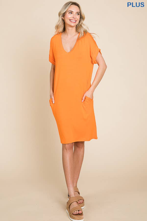 PLUS SIZE RELAXED V NECK ROLL OVER SLV T-SHIRT DRESS