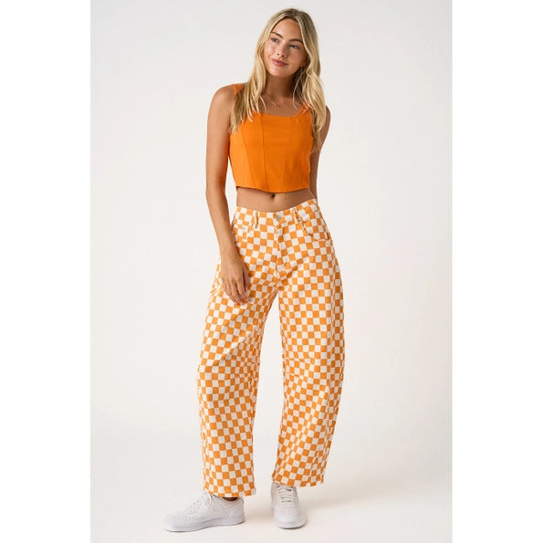 Orange and White Checkerboard Barrel Pants