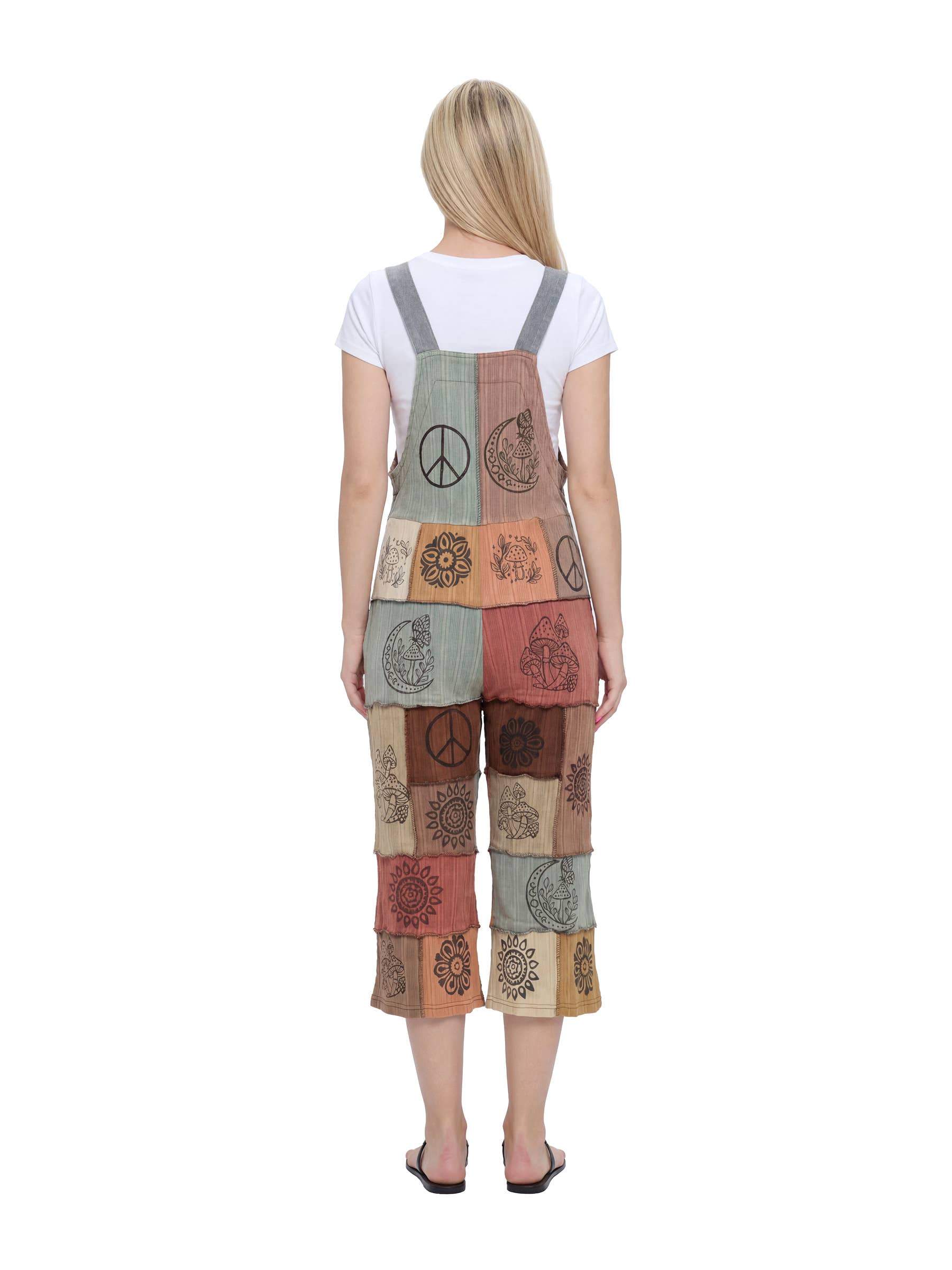 Overall Boho Jumpsuit Patchwork Art Handprinted Midi