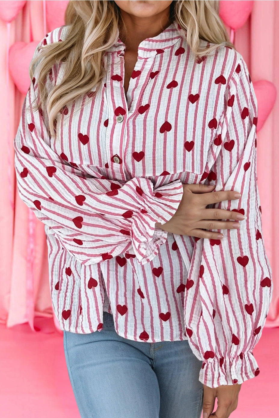 Stripe Cotton Gauze Heart Print Flounce Sleeve Shirt