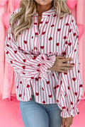 Stripe Cotton Gauze Heart Print Flounce Sleeve Shirt