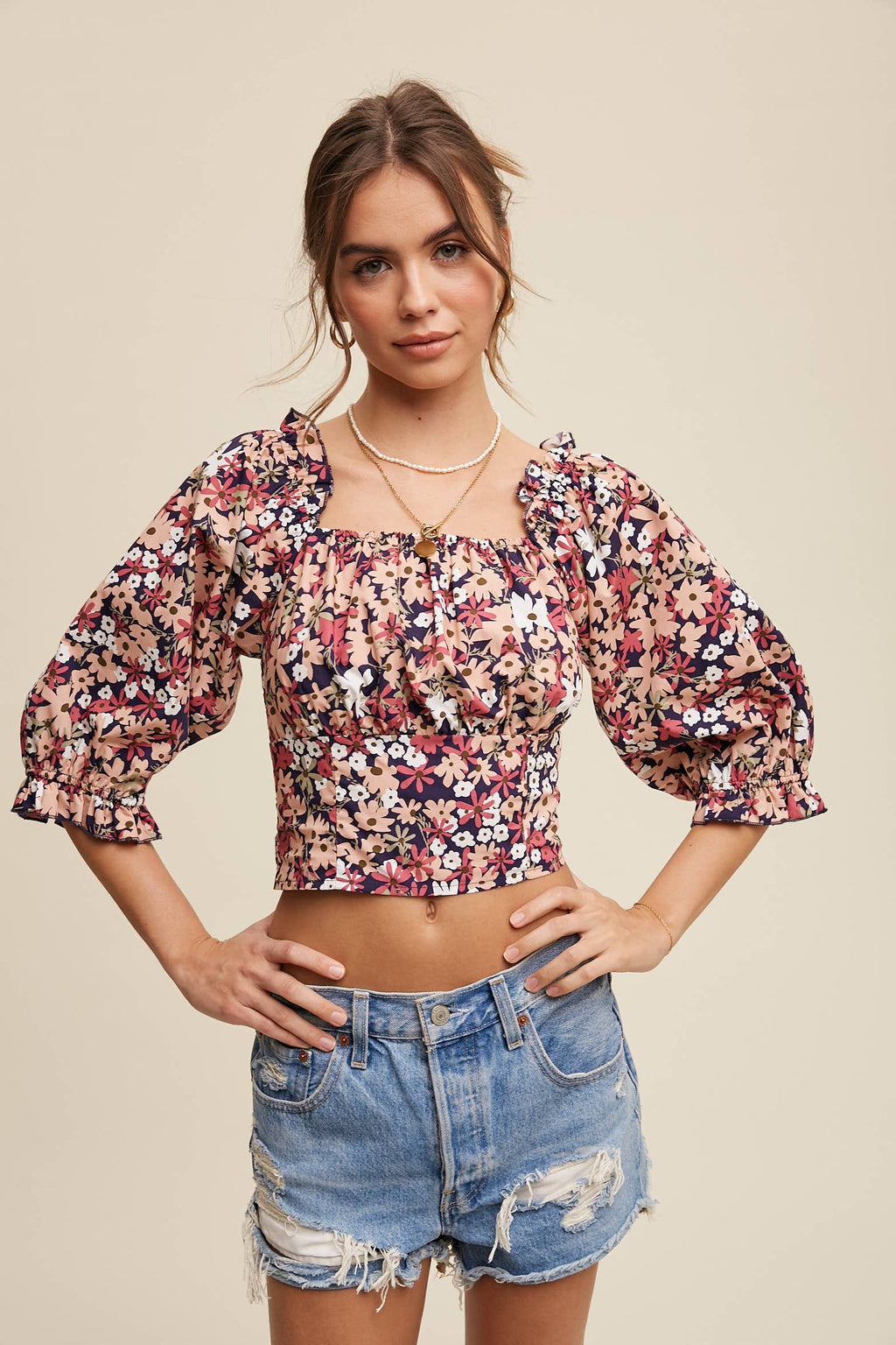 Floral Puff Sleeve Smocked Crop Top