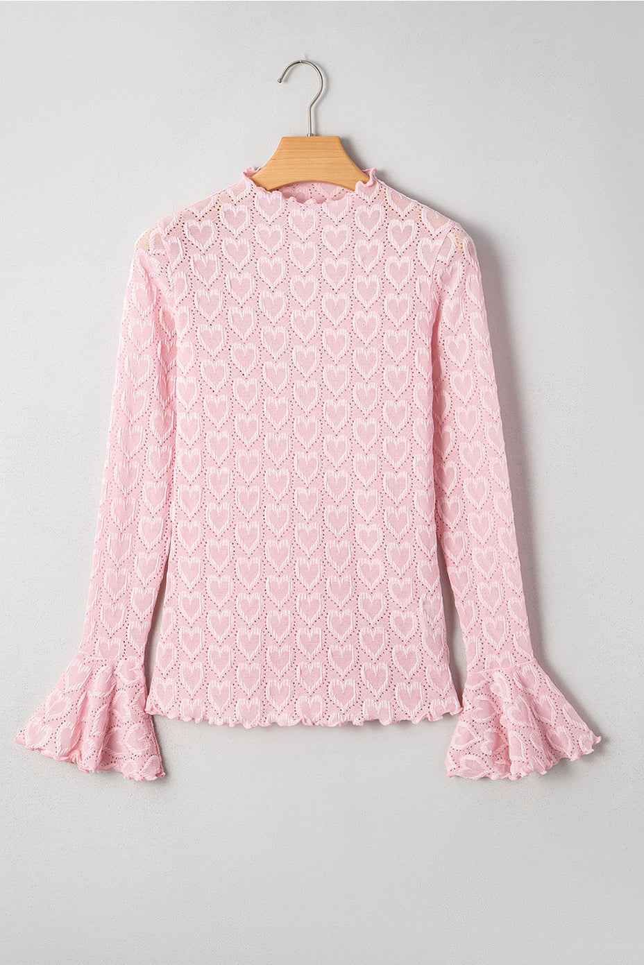 Heart Jacquard Flare Sleeve Mock Neck Fitted Top