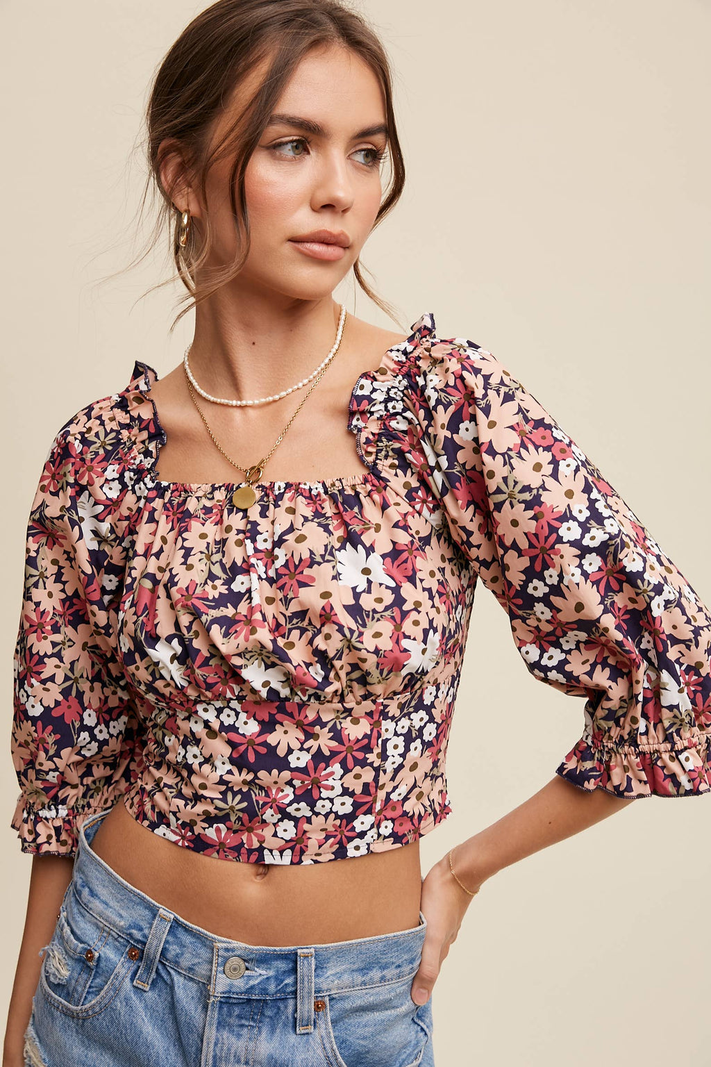 Floral Puff Sleeve Smocked Crop Top