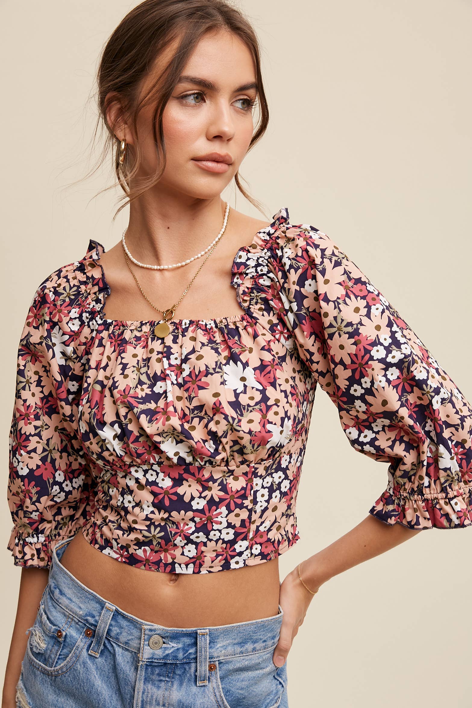 Floral Puff Sleeve Smocked Crop Top