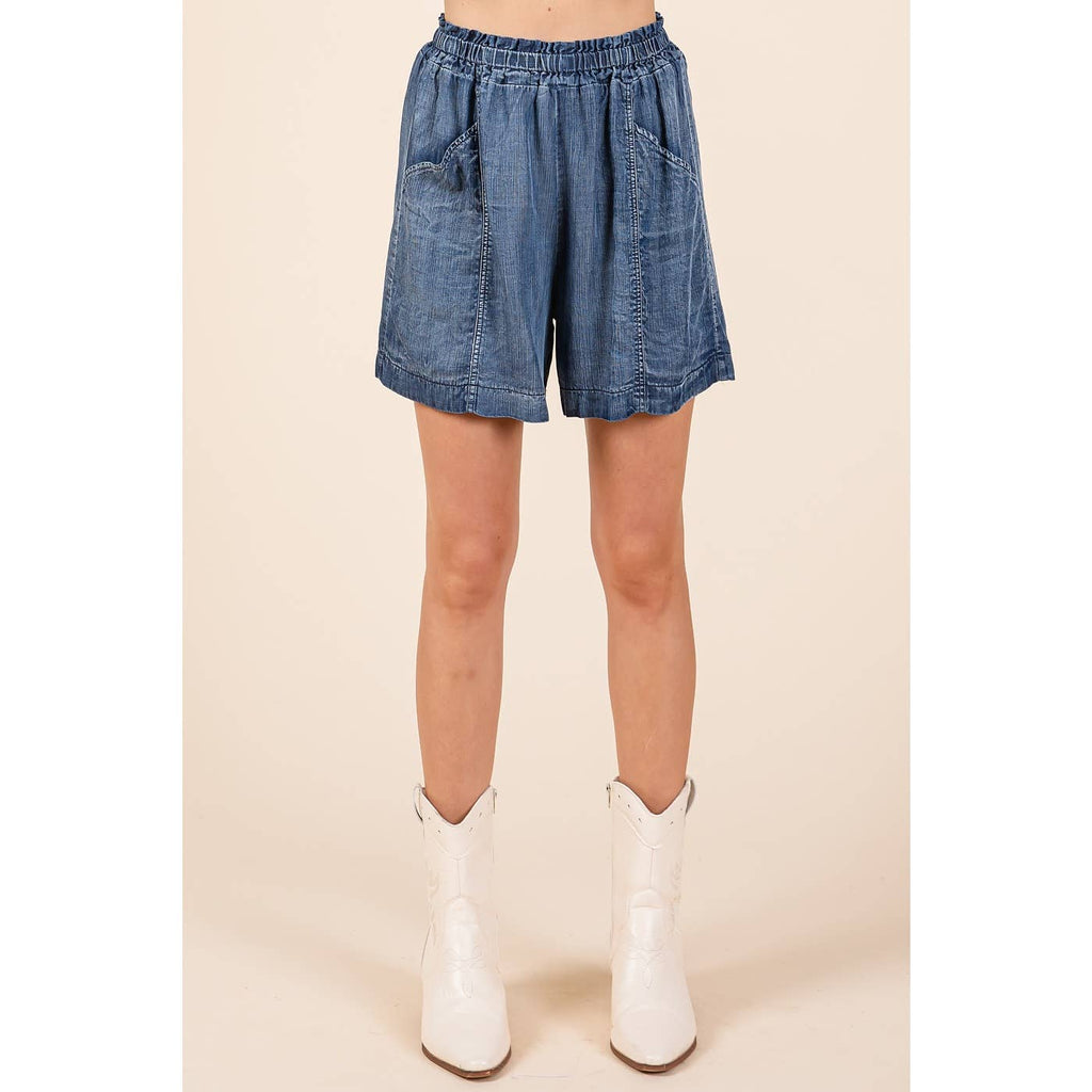 WASHED CHAMBRAY ELASTIC WAIST EASY FIT SHORTS