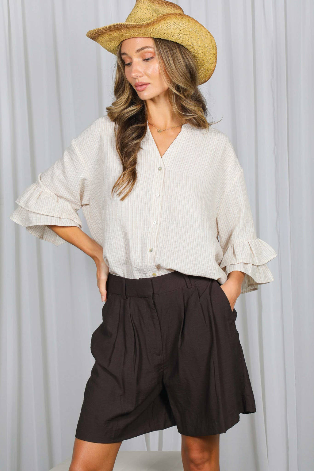 Striped V-Neck Ruffle Accent 3/4 Sleeve Blouse Top VT83352