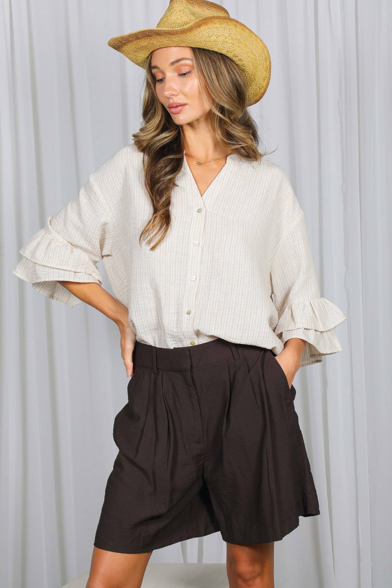 Striped V-Neck Ruffle Accent 3/4 Sleeve Blouse Top VT83352