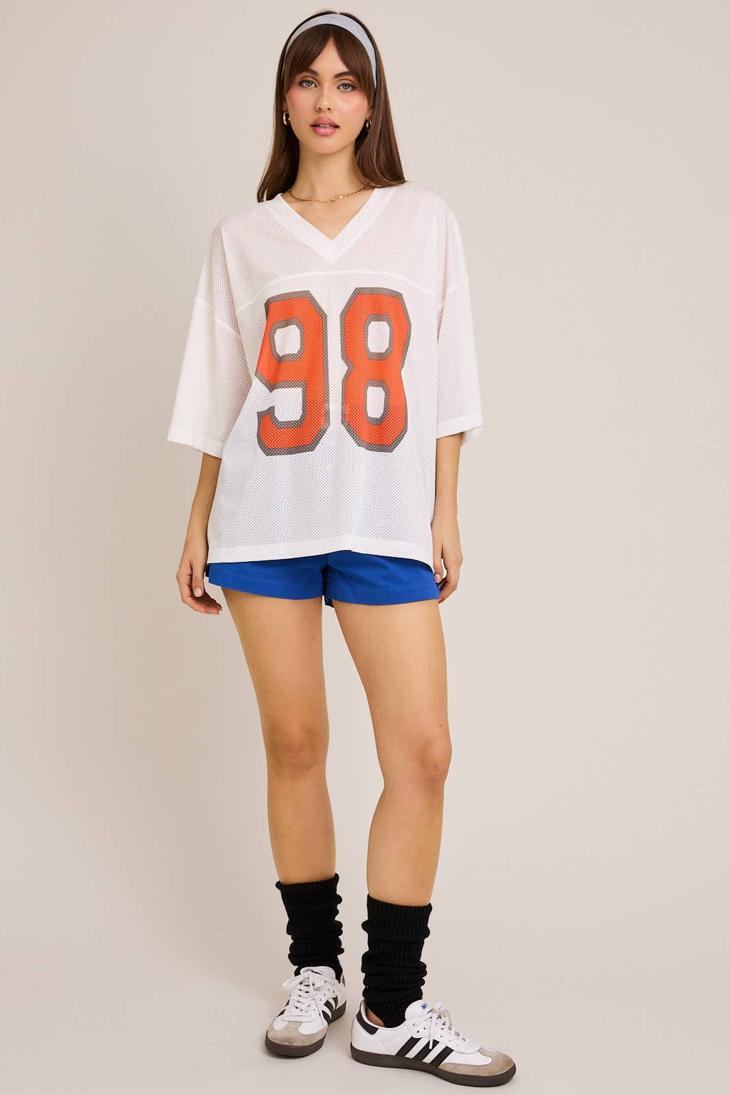 SHORT SLEEVE V-NECK OVERSIZED MESH JERSEY TEE