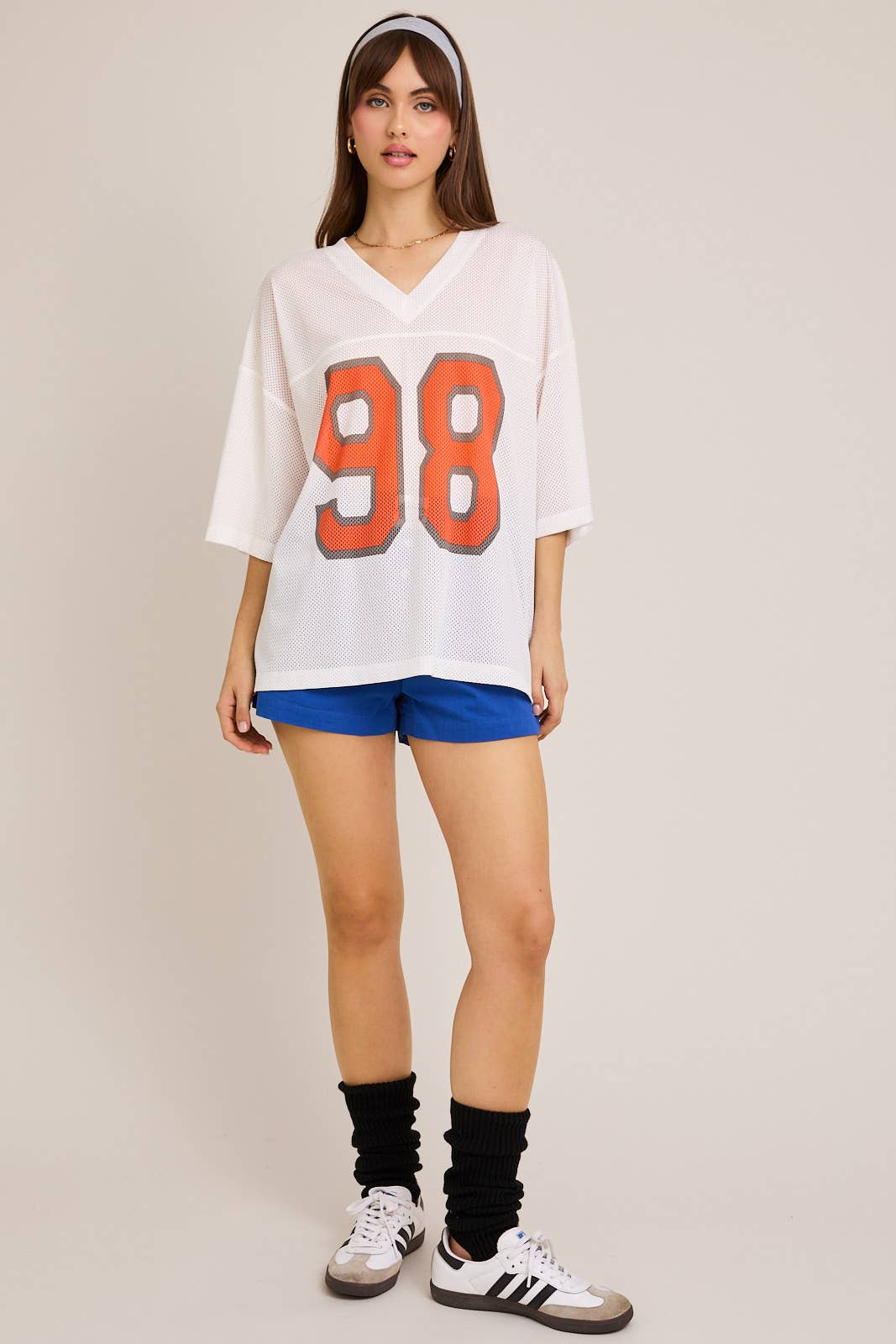 SHORT SLEEVE V-NECK OVERSIZED MESH JERSEY TEE