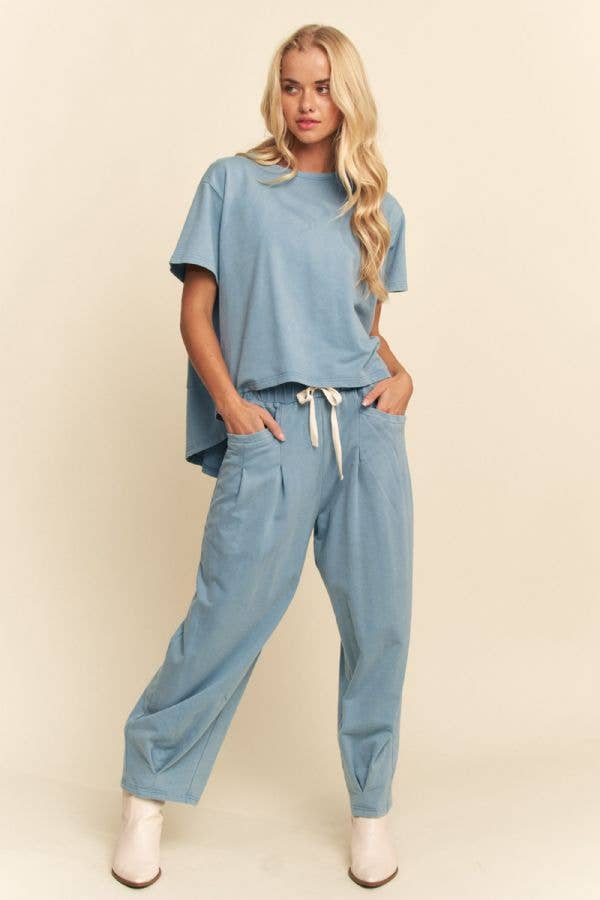 Garment-Wash Pleated Top & Pants Set