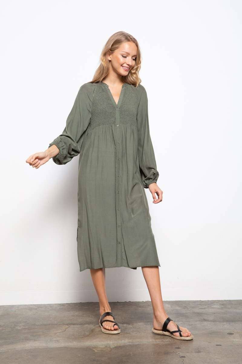 SMOCKING DETAIL FRONT BUTTON DOWN SHIRT DRESS