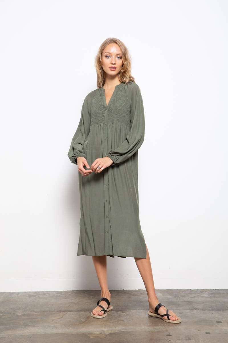 SMOCKING DETAIL FRONT BUTTON DOWN SHIRT DRESS