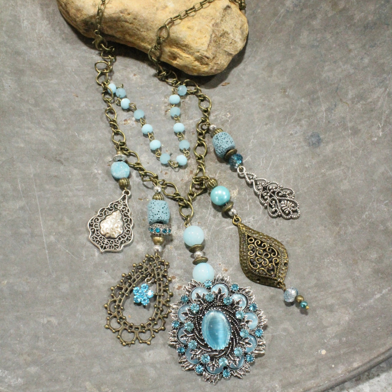 The Primitive Peddler -  Bronze & Silver Charming Blue Pendant Layered Necklace