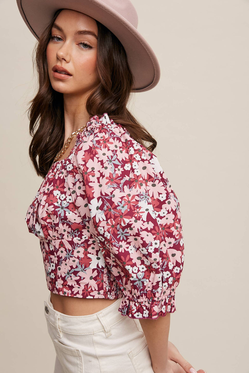 Floral Puff Sleeve Smocked Crop Top