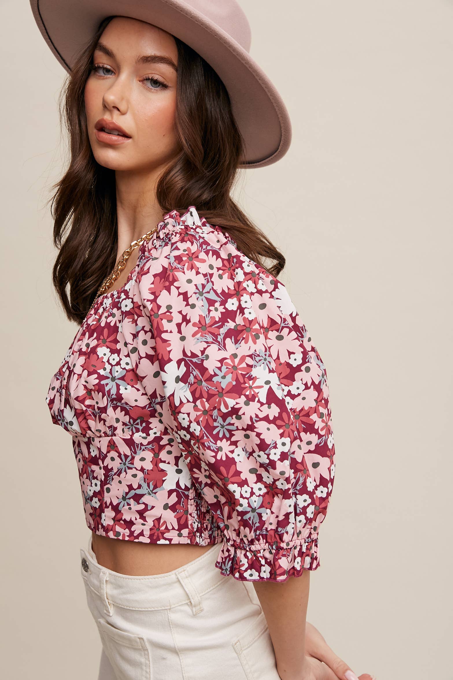 Floral Puff Sleeve Smocked Crop Top