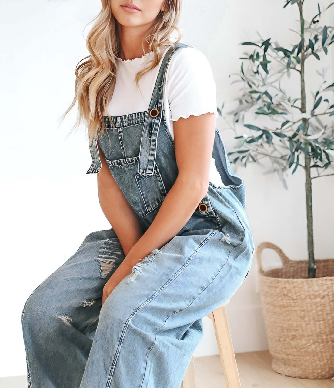 Women's Wide Leg Jumpsuit with Ripped Details Denim Overalls