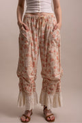 FLOWER PRINT RUFFLE LACE HEM PANTS