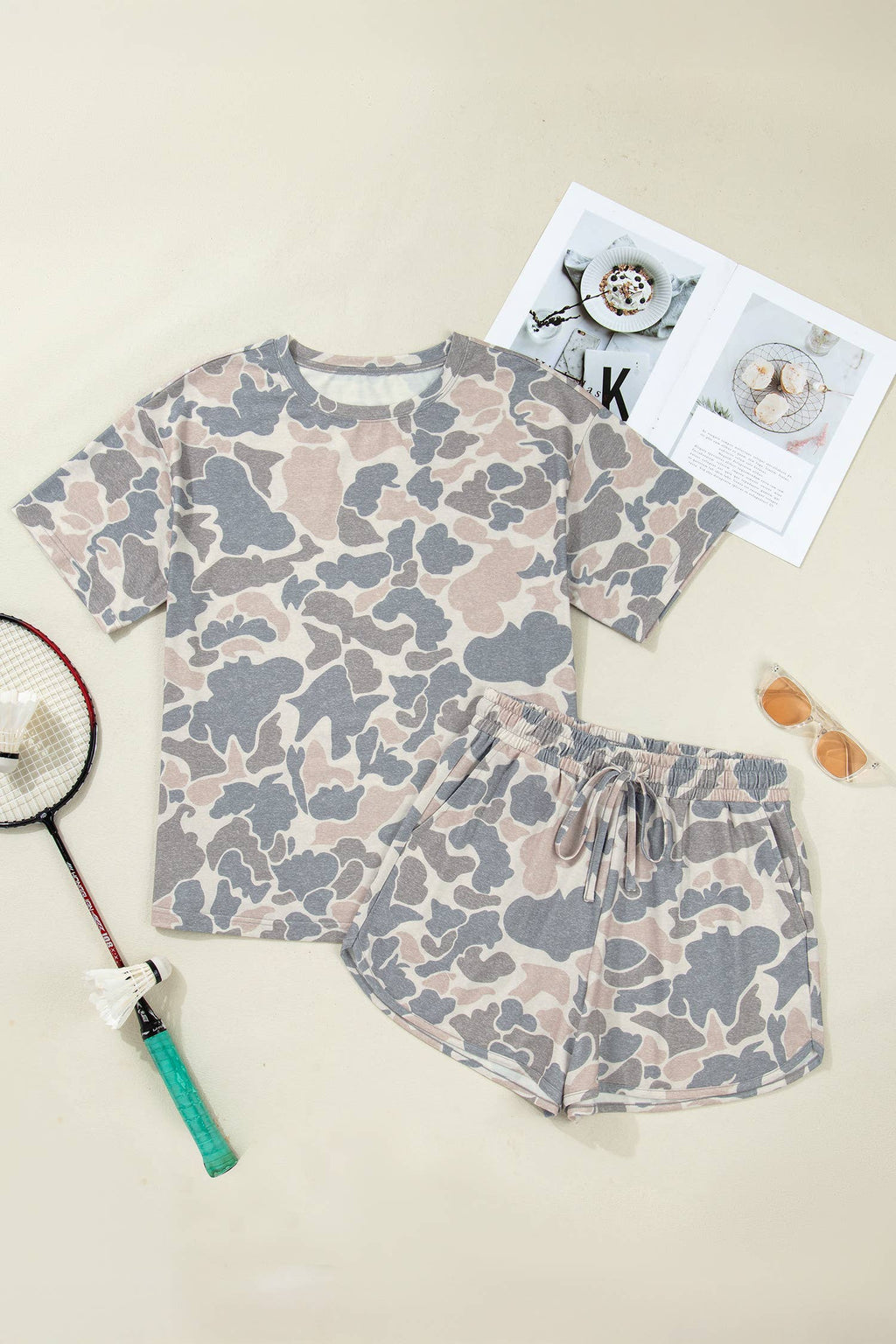 Camouflage Short Sleeve Top and Shorts Lounge Set (S-4X)