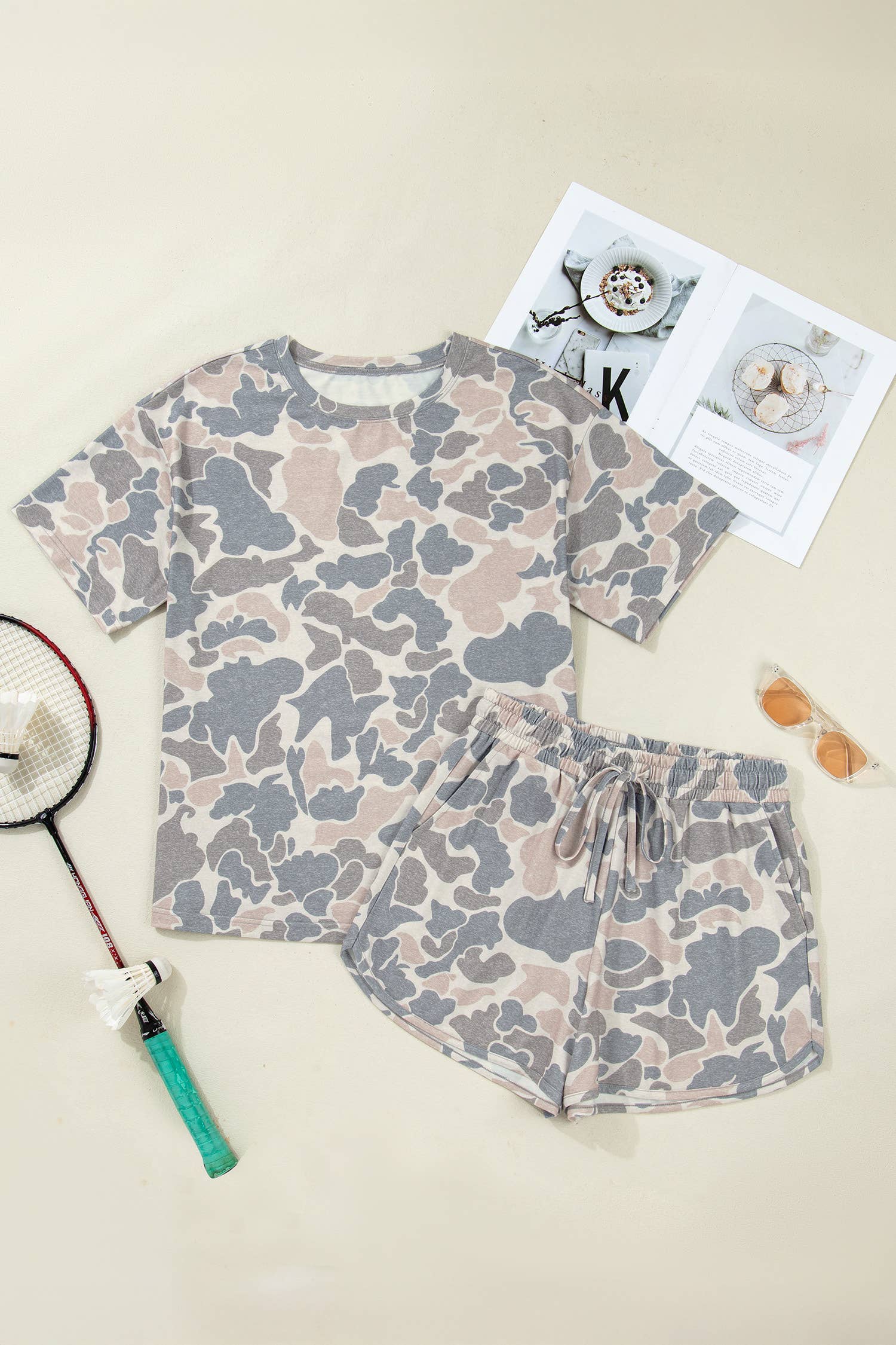 Camouflage Short Sleeve Top and Shorts Lounge Set (S-4X)