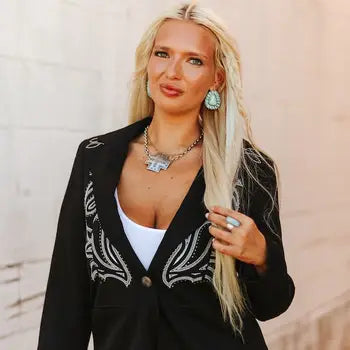 Lucky & Blessed -  Black Boot Stitch Ivory Embroidered Blazer