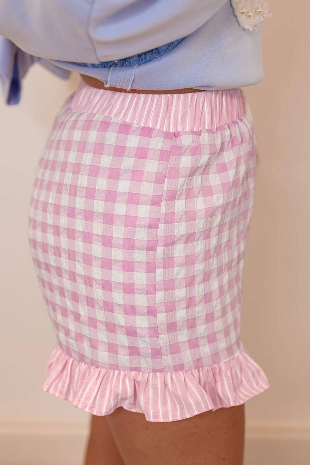 66 Floral Striped Ruffle Hem Lace Tie Shorts (S-XL)