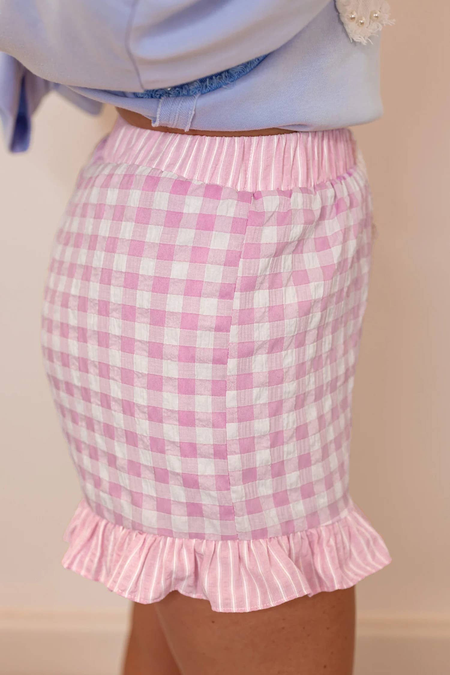 66 Floral Striped Ruffle Hem Lace Tie Shorts (S-XL)