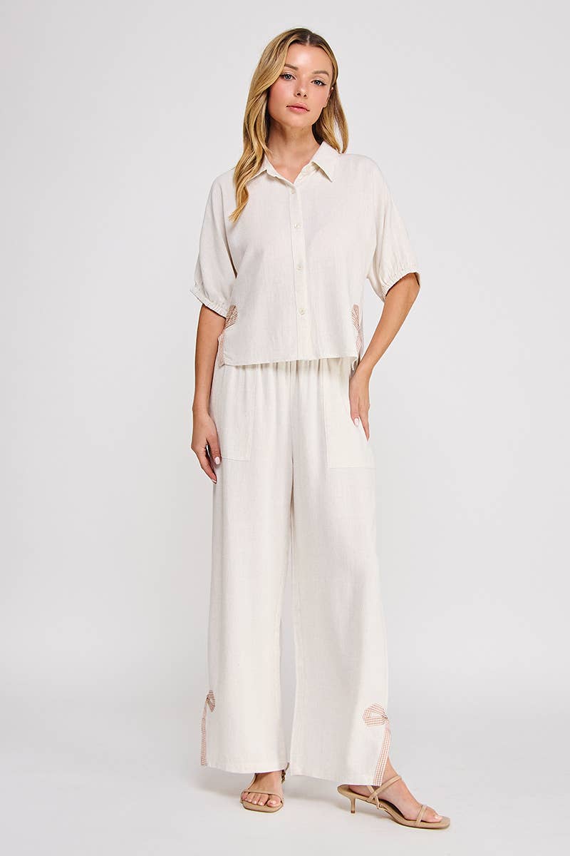 Soft Linen Dolman Elastic Short Sleeve Button up Shirt