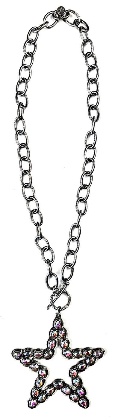 Chain Necklace W/Crystal Ab Star On Front Toggle
