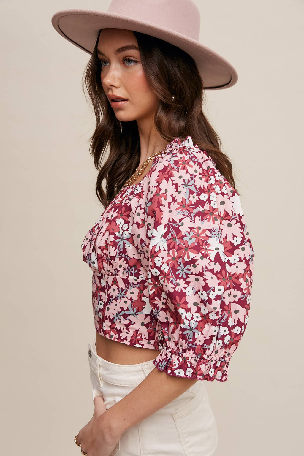 Floral Puff Sleeve Smocked Crop Top