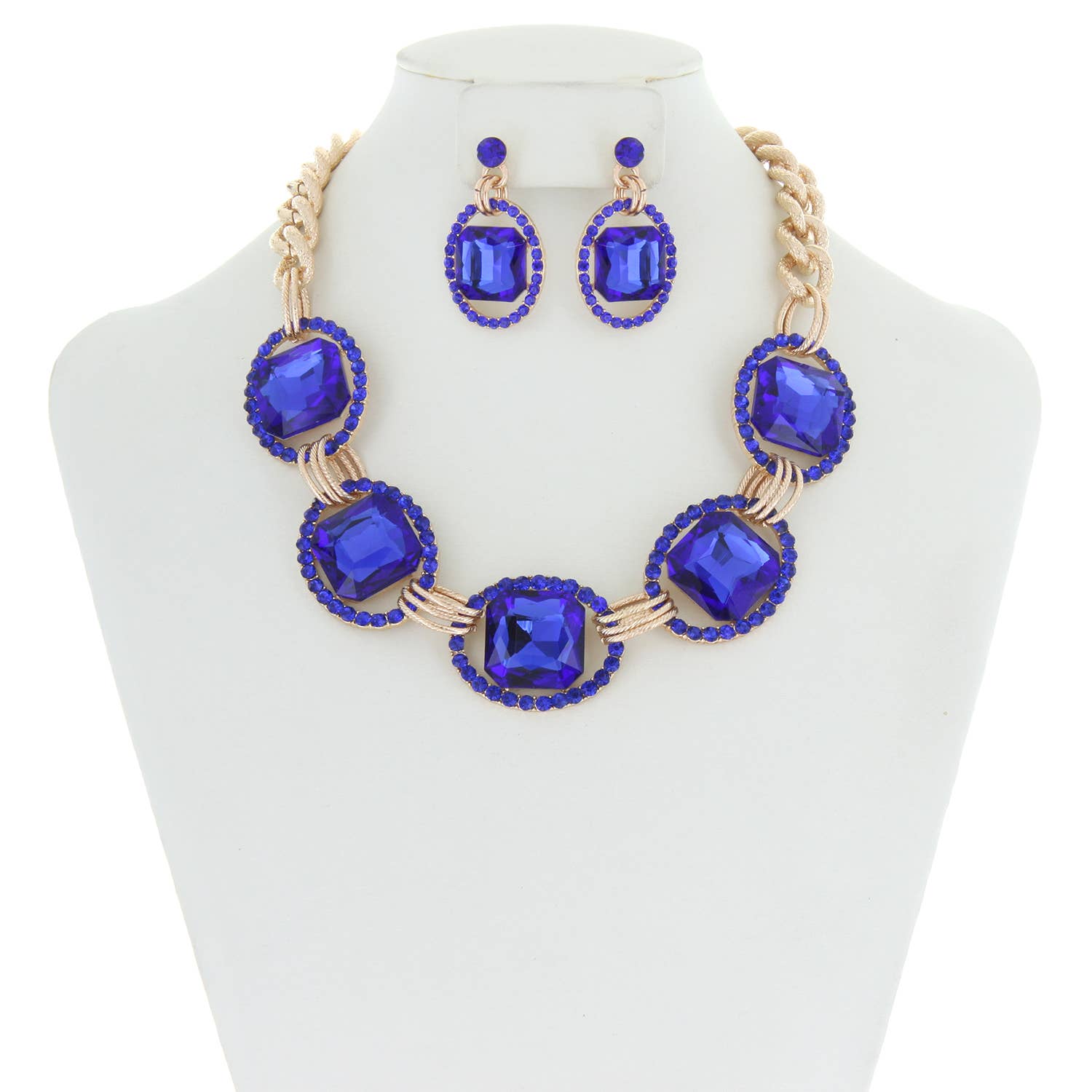 Chunky Oval Rhinestone Gem Link Necklace Set