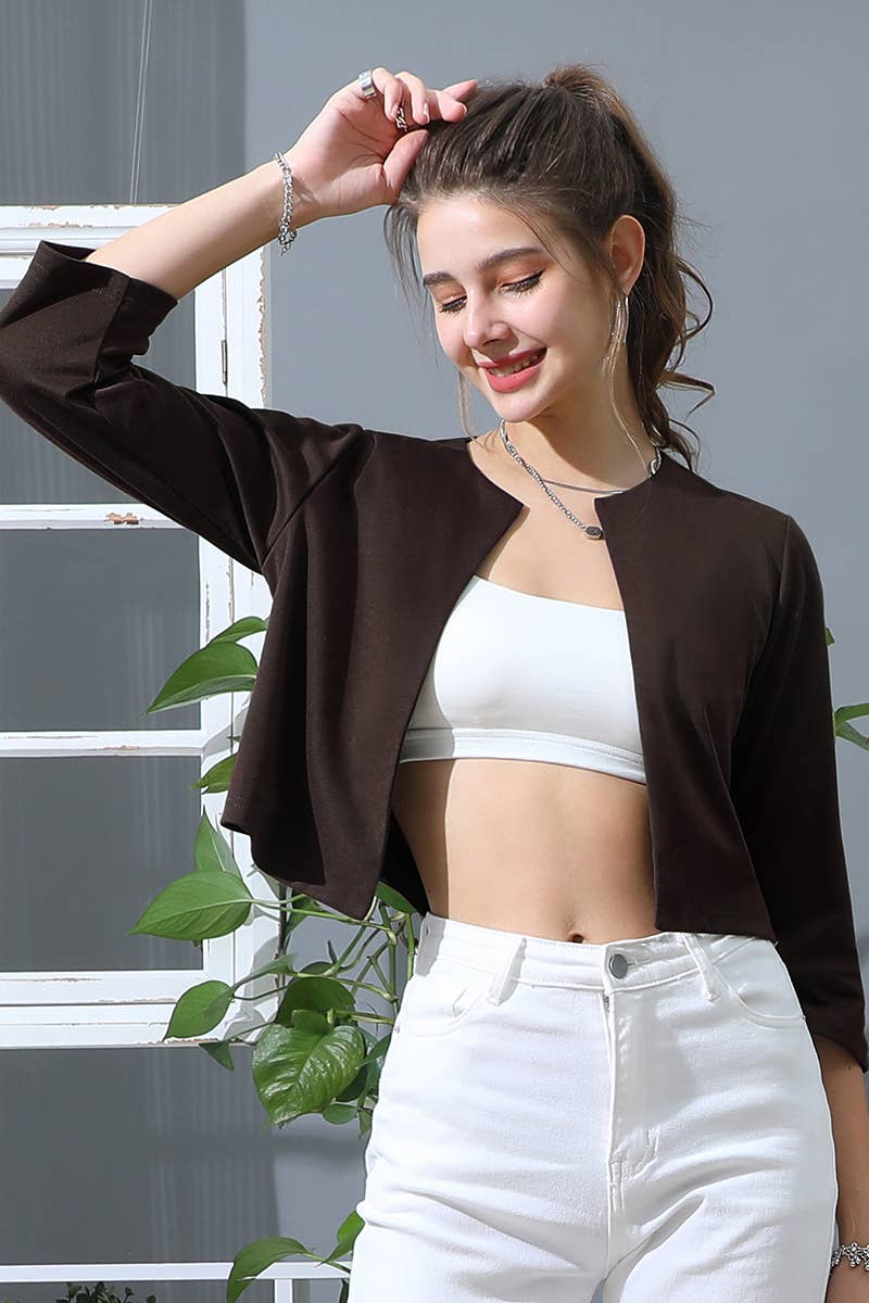 CWOBL105_SOLID OPEN FRONT 3/4 SLEEVE JACKET BLAZER