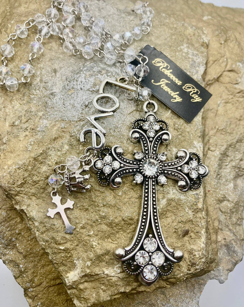 Silver Crystal Cross Charm Necklace
