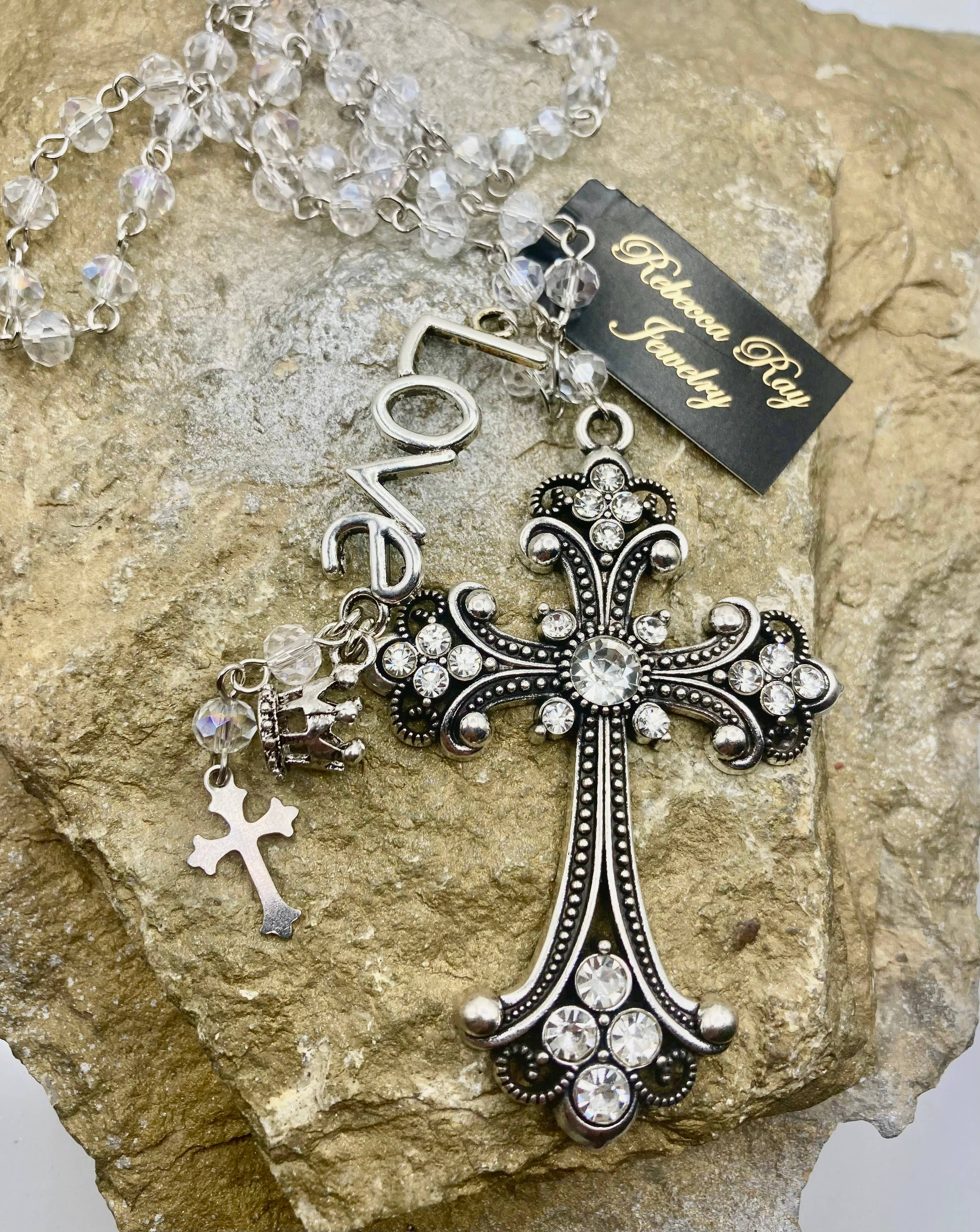 Silver Crystal Cross Charm Necklace