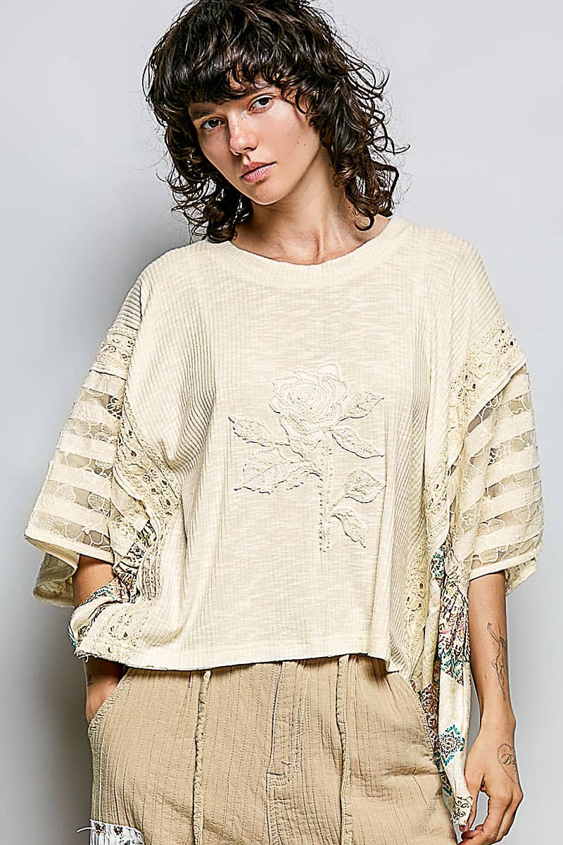 Artisan Rose Appliqué Patchwork Knit Top