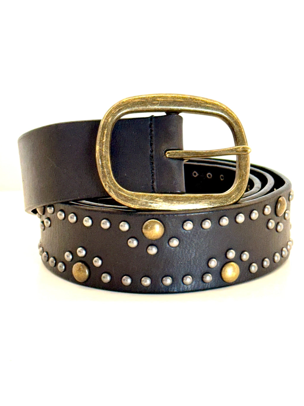 Ginger Blue - Black Leather Belt with Aged Brass and Silver Studs