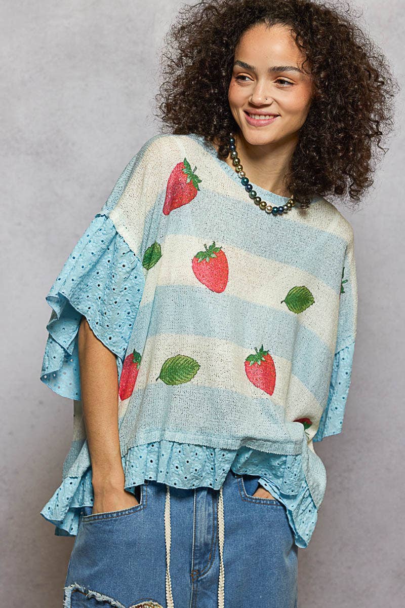Round Neck Short Sleeve Strawberry Print Ruffle Sweater Top