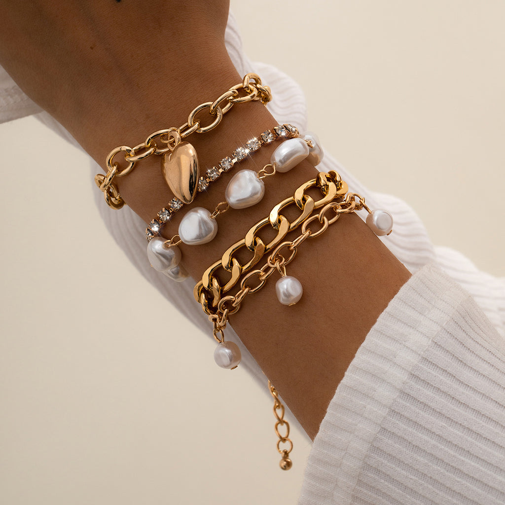 Valentine Heart Pearl Beaded Multi Layered Bracelet Set