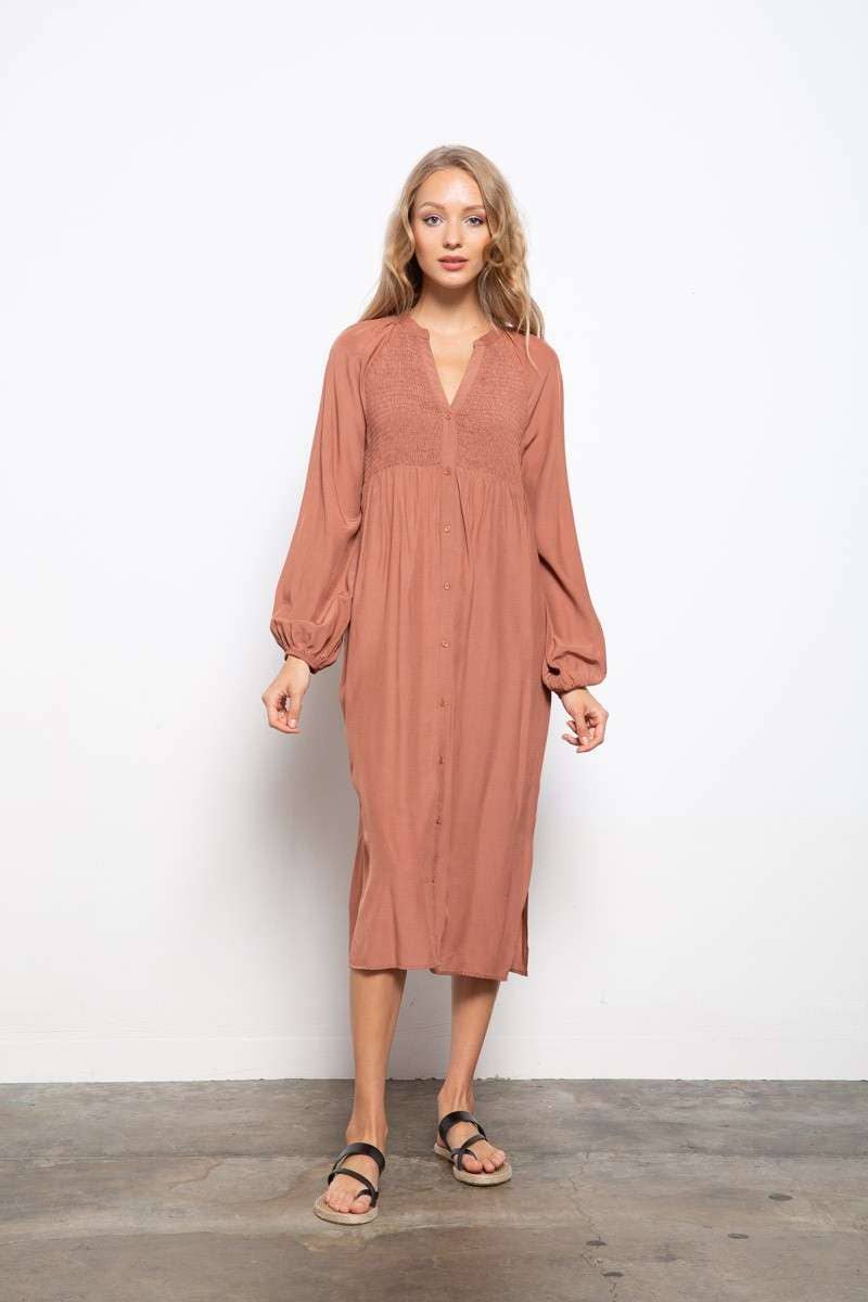SMOCKING DETAIL FRONT BUTTON DOWN SHIRT DRESS