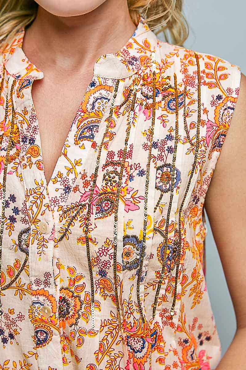Sleeveless Printed Pintuck Spangle Button Down Dress